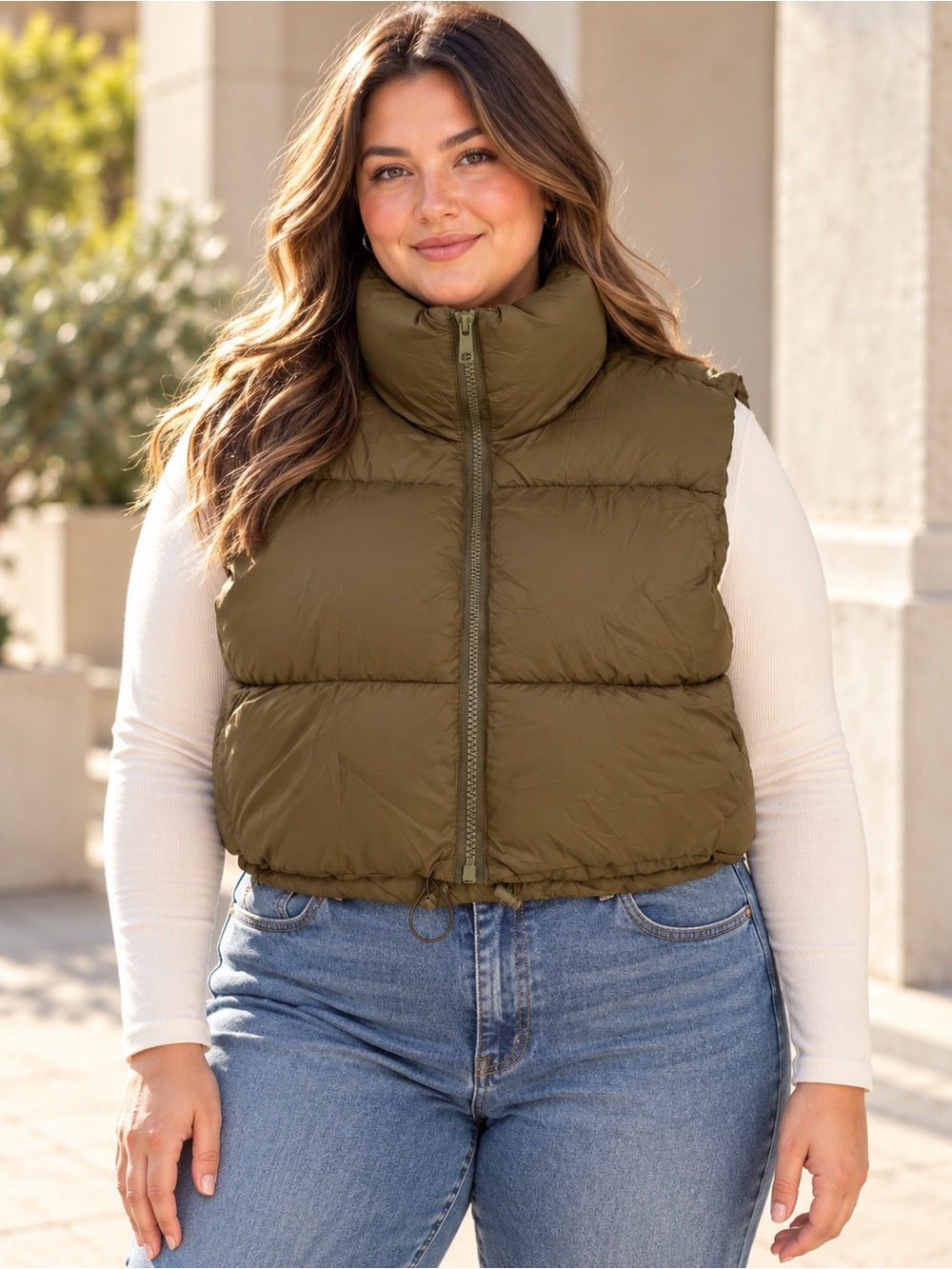 NY Threads Women’s XL Olive Green Cropped Puffer Vest Zip Up High Neck NWT